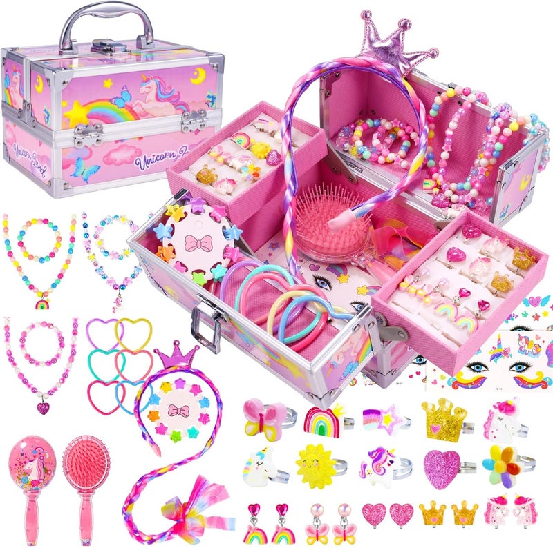 PinkSheep Unicorn Kids Jewelry for Girls: Toddler Princess Dress Up Unicorn Toy Set, Ring Necklace Bracelace Earing Clip for Little Girls, for Kids Toddler Jewelry Age 3-8 - Image 1